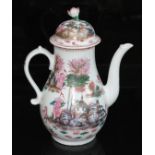 A Lowestoft porcelain coffee pot, circa 1780, decorated with a chinoiserie pattern depicting two