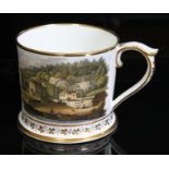 An English porcelain porter mug, 19th century, hand painted with on one side with a country house