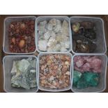 Assorted minerals and rocks comprising old Skye marble, carnelian, pink agate, rose quartz,
