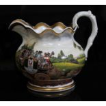 A Staffordshire porcelain coaching jug, mid 19th century with hand painted decoration depicting