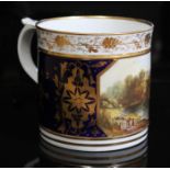 A Derby porter mug, circa 1820, with hand painted scene entitled 'View In Wales' within gilt grape