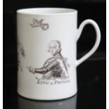 A Worcester porcelain mug, dated 1757, printed in monochrome depicting King of Prussia and