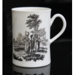 A Worcester porcelain mug, circa 1758, with printed farm scene after Robert Hancock, height 12cm.