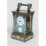 A reproduction cloisonne repeater carriage clock with alarm, height 21cm. Condition - as found.