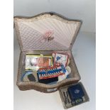 Vintage wicker sewing box & contents, thimbles inc some silver, cloisonne, Wedgwood.