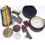 A mixed lot comprising brass compensated compass in leather case, a WWI victory medal 13740 PTE T.