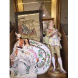 A box of collectables to include a bisque figure, a Staffordshire figure, various prints and a