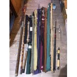 A large collection of fishing rods