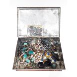 A box of assorted costume jewellery including two fountain pens with nibs marked '14K'.