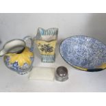 A mixed lot comprising a hallmarked silver topped cut glass jar, a Pool pottery wash jug and bowl,