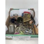 Box containing various items of metalware and collectables including a ring sizer, a small place,