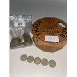 Vintage old 3d wood money box & 50 old three penny bit coins.