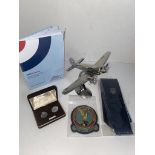 A Chrome aeroplane, RAF Association tie pin and badge and a pair of Stratton Spitfire cufflinks