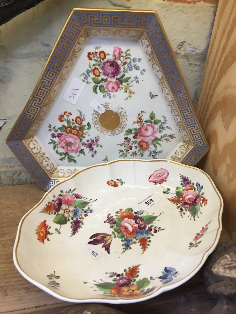 A Derby dish decorated with flowers and guilding and a porcelain dish decorated with flowers and