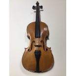 A late 19th century violin in hard case with 2 bows. Violin length of back appx 353 mm