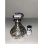 Antique silver overlay glass scent bottle and a Sterling silver butterfly wing top perfume bottle