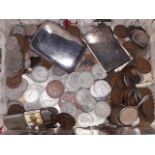 A box of GB coins together with three items of hallmarked silver and two others.