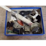 A box of bric a brac including padlocks, lorgnettes, etc.