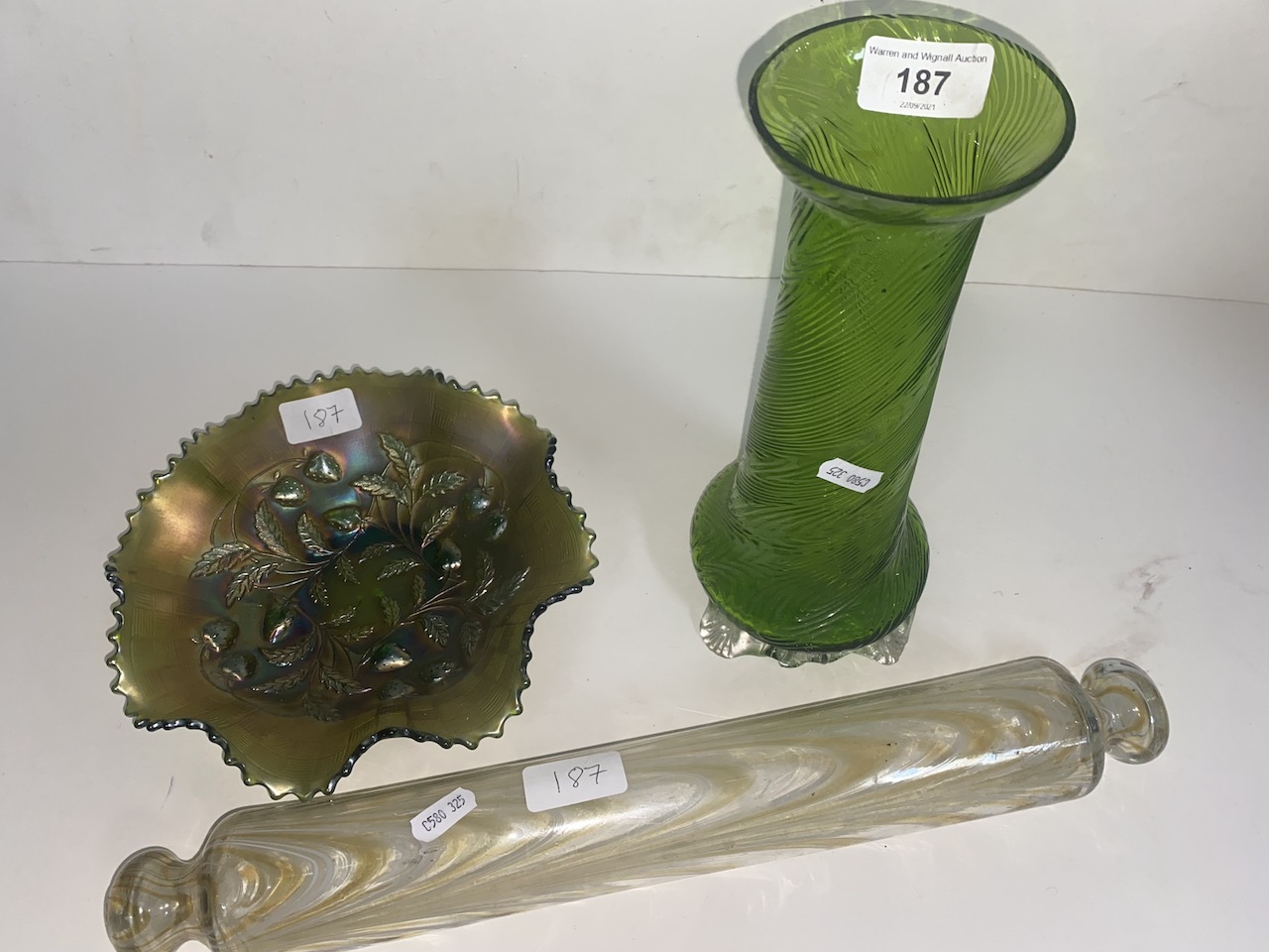 Antique Art Nouveau Wrythen glass vase, Nailsea rolling pin, carnival glass.