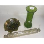 Antique Art Nouveau Wrythen glass vase, Nailsea rolling pin, carnival glass.