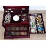 A lether bound jewellery box and contents including a plated pocket watch, coins etc.