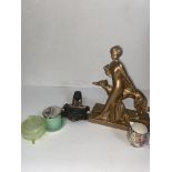 5 vintage Art Deco items including figurine, Doulton and uranium glass powder bowl etc