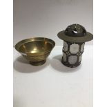 An Art deco brass lantern and a decorative brass bowl