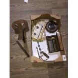 A box of collectables to include a music box, a vintage slide viewer with slides and a vintage