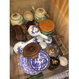 A box of collectables to include a pair of Delft vases, various oriental blue and white plates: