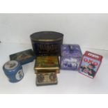 A box of various vintage tins, inc Dainty Dinah, Rowntrees, etc.