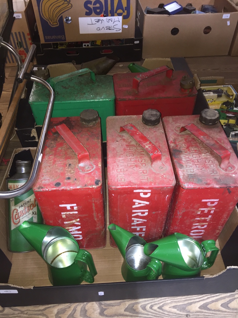 A collection of 5 vintage petrol cans (2 Shell), 5 Castrol oil can pourers and 3 Castrol oil cans.