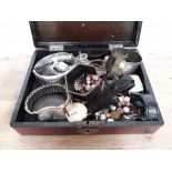 A Japanese jewellery box and contents including a hallmarked silver bangle, a Rotary wristwatch etc.