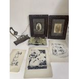 Box containing seven original pen and ink scetches by Harry Bolton, two framed photopraphs, an old