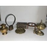 Tray of antique and vintage metalware including ornate box, pierced incesnse burner etc