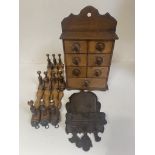 Box containing three items of woodenware, wall hanging spice drawers, extending clothes hooks and