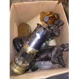 A box of collectables to include a stoneware flagan, stoneware bottles, glass bottles, 2 spelter