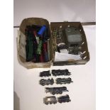 3 boxes containing Hornby model trains, control unit, track etc