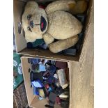 Two boxes containing jewellery boxes and a vintage teddy bear