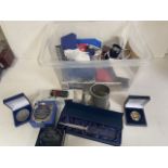 Box containing various motor racing medals, trophies, a pewter tankard, a pathfinder model car and