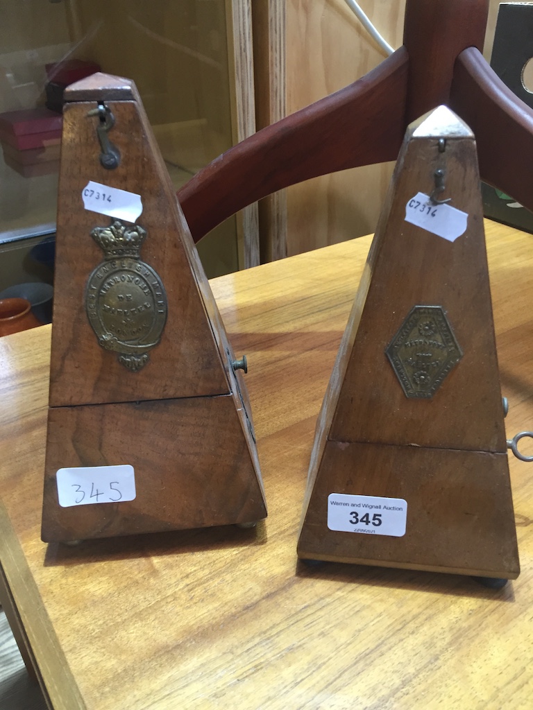 Two vintage Metronome de Maelzel, one marked London & one Framce, one London, one France.