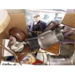 A box containing DVD set, flat iron, figural table lamp, some treen, ceramics, etc.