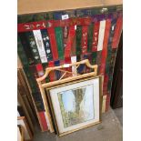 A bamboo framed mirror, a watercolour, an Asian style painting on cloth, and a framed collection
