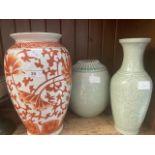 An Oriental vase and 2 Celadon vases.