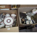 2 boxes of misc including Royal Grafton part diner set, glass cake stand, bowls, pottery, glass,