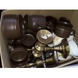 A box of misc pottery and brassware, platedware, etc.