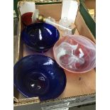 a box of glass ware including part dressing table set, various coloured glass bowls and a Murano