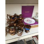 Eight copper lustre jugs and goblets and two Royal Doulton valentines day plate