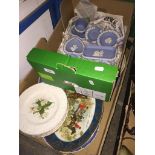 A box of Wedgwood and Doulton plates and a box of Jasperware.