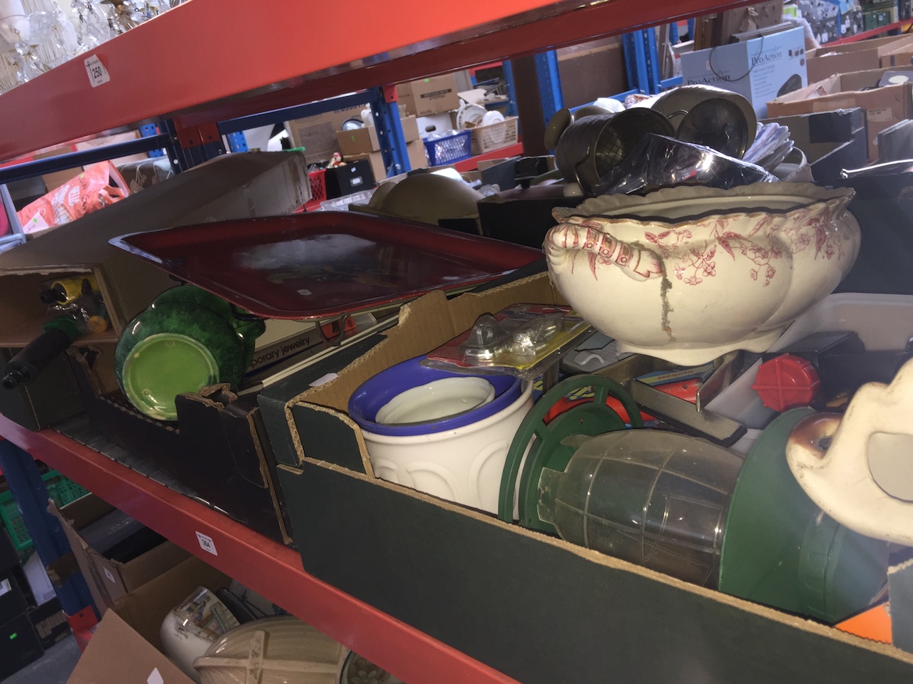 3 boxes of misc pottery, glassware, hose gun, water hose connectors, ornaments, etc.