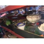 3 boxes of misc pottery, glassware, hose gun, water hose connectors, ornaments, etc.